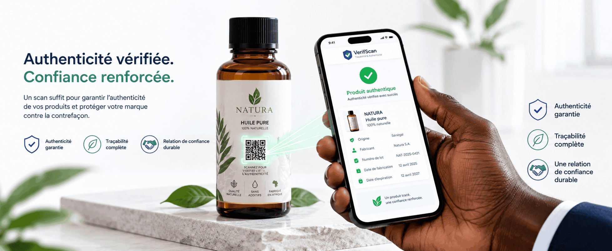 Prodtrust — une main tient un smartphone affichant l'application qui confirme l'authenticité d'une huile pure Natura après le scan de son QR code.